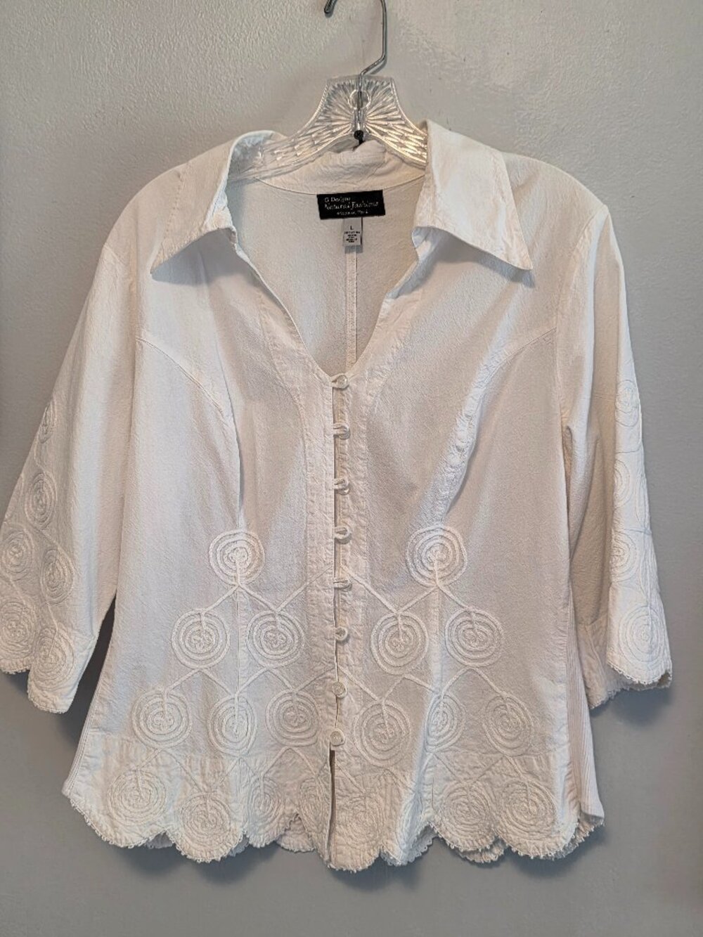 Elegant White Embroidered Button Down Long Sleeve Blouse Scalloped cuffs